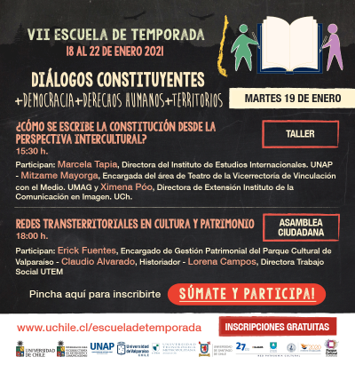 Afiche de difusión e inscripción al Taller y a Asambla ciudadana co-organizada por la Cátedra Amanda Labarca