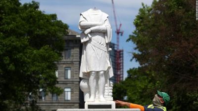 Estatua de Cristóbal Colón decapitada en la ciudad de Boston, Estados Unidos.