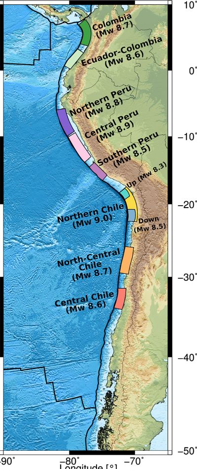 En esta figura se aprecian, con distintos colores, las áreas de ruptura sísmica esperadas por cada zona. Cada una de ellas tiene distinto tamaño, lo que indica magnitud del evento y tsunami esperado.