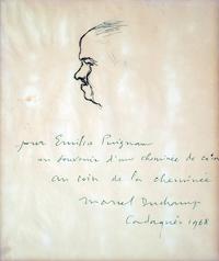 Emilio Puignau, alcalde de Cadaqués. Dedicatoria: "Pour Emilio Puignau un souvenir d'une cheminée De coin au coin de la cheminée Marcel Duchamp, Cadaqués 1968" (Duchamp). Archivo Pere Vehí, Cadaqués.