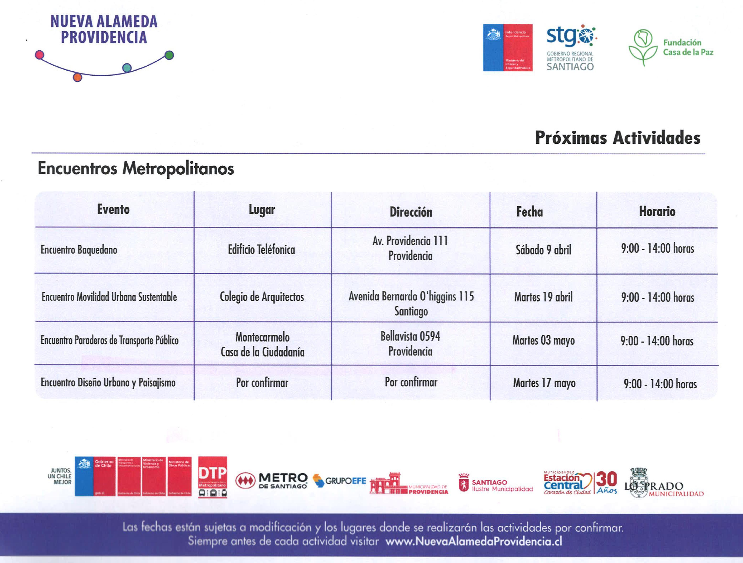 Calendario de encuentros metropolitanos.