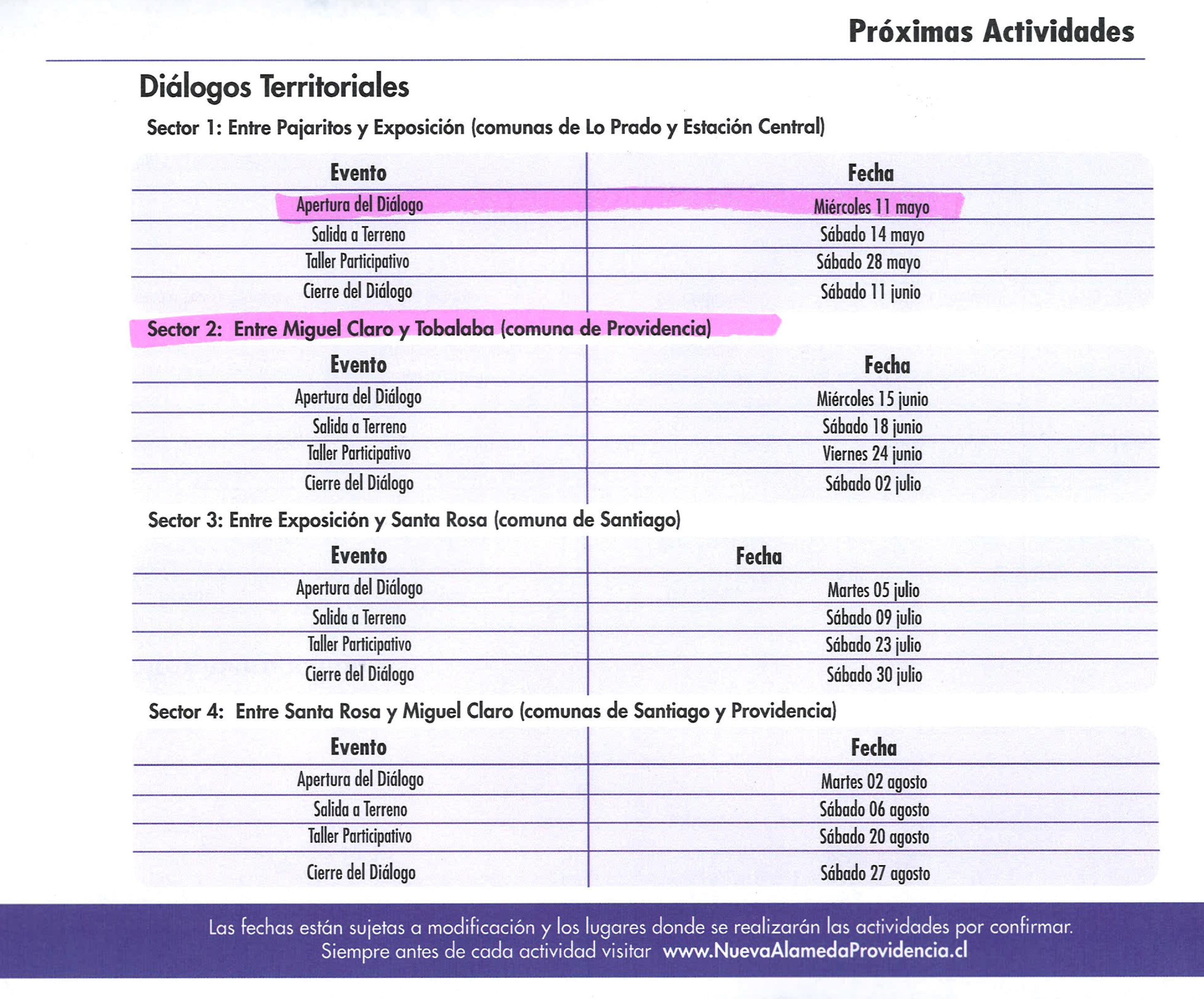 Calendario de diálogos territoriales.