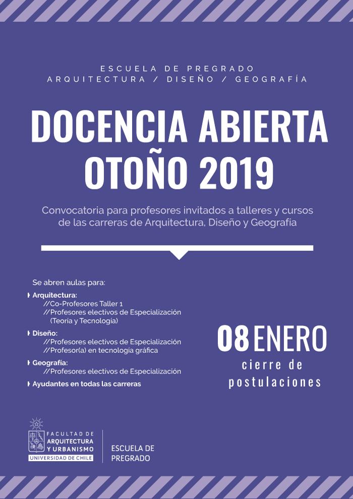 Las y los profesionales que estén interesados en dictar cursos o talleres durante el semestre de otoño 2019, deberán enviar un CV resumido (con máximo de dos planas) y una propuesta para el curso.