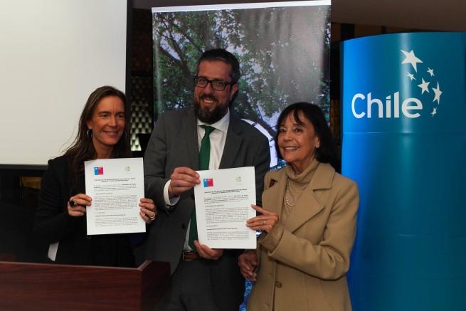 Suzanne Wylie, directora Ejecutiva de la Fundación Reforestemos; el Ministro (s) de Medio Ambiente, Jorge Canals y la Prof. Carmen Luz de la Maza, Decana de la Facultad CFCN.