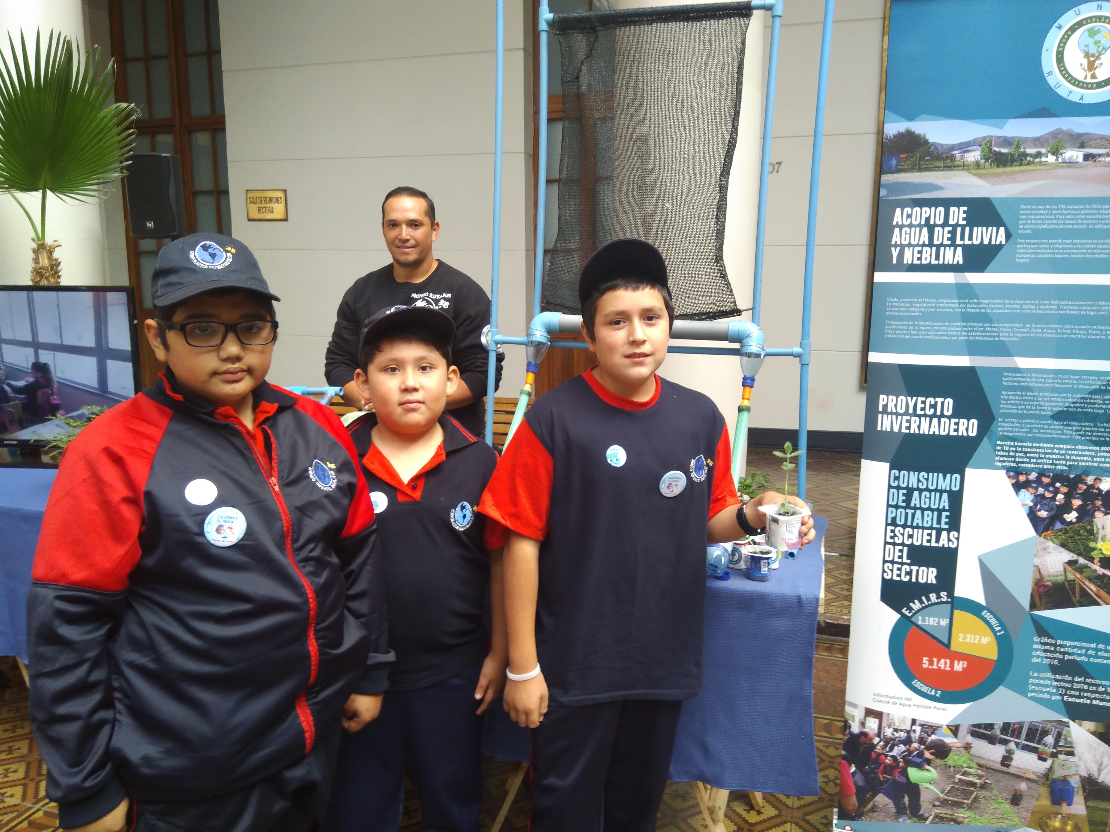 La Corporación Educacional Mundo Ruta Sur de Paine, construyó un "atrapa niebla" de gran tamaño para poder recolectar agua. En la imagen el prototipo a menor escala.