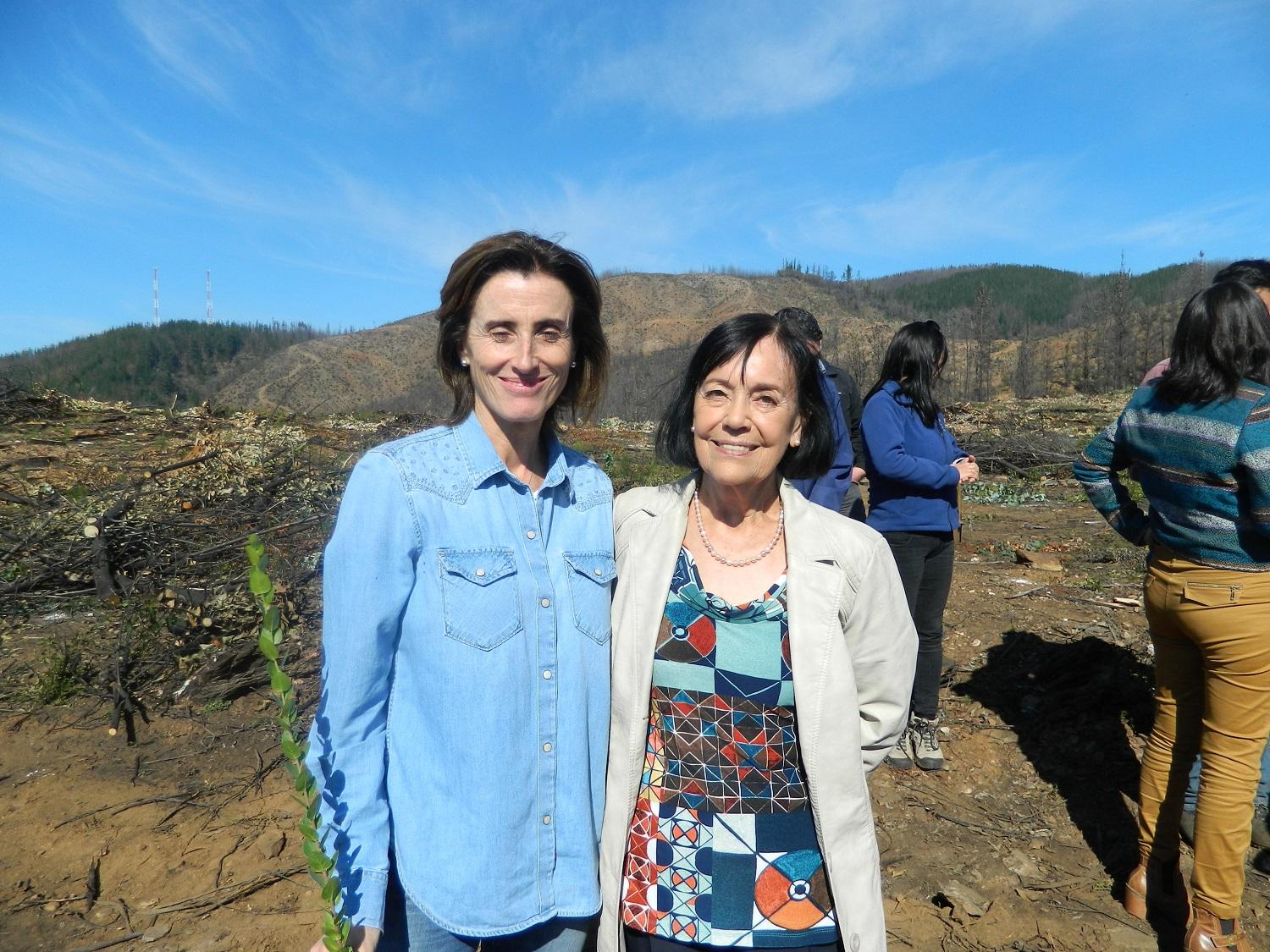 La Ministra Marcela Cubillos junto a la Decana Carmen Luz de la Maza en la plantación que realizó con los voluntarios provenientes de universidades, organizaciones sociales e instituciones públicas. 