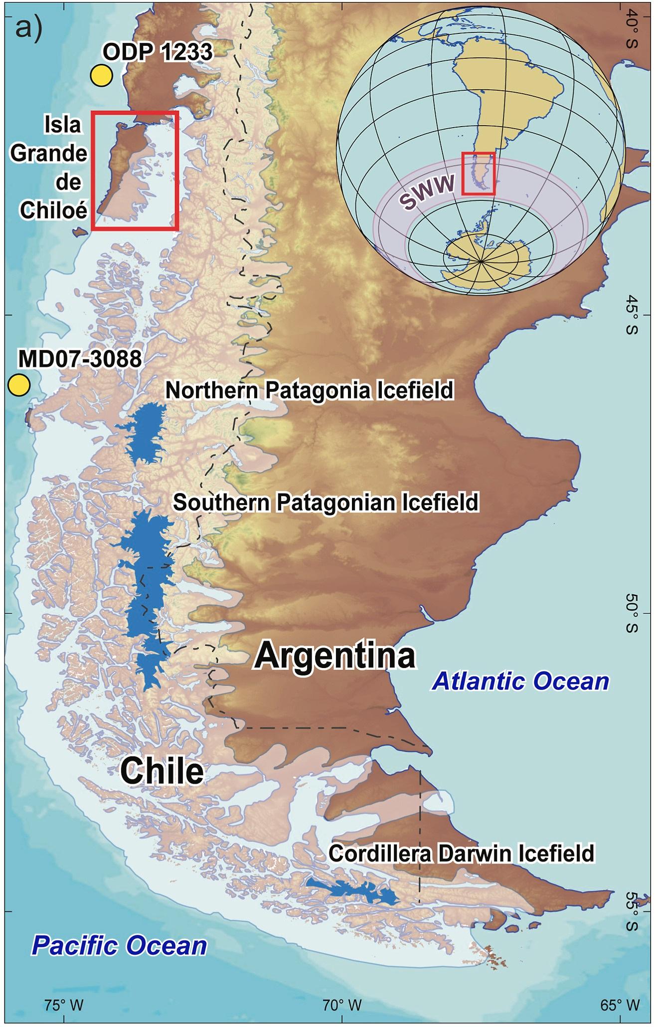 En la imagen se puede apreciar el alcance de los glaciares hace treinta mil años (blanco sombreado) y la extensión actual de los glaciares patagónicos (azul). El estudio analizó la evolución ambiental de la isla de Chiloé.