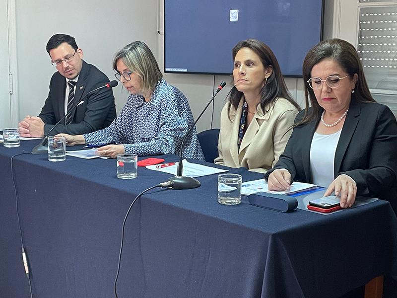 El Jefe Adjunto de Misión de la Embajada de Nueva Zelanda, Jon Preston; la moderadora y Directora de Género del IEI, prof. Astrid Espaliat; la Directora del IEI, prof. Dorotea López, y la Directora General de Asuntos Económicos Multilaterales de la SUBREI, Marcela Otero.