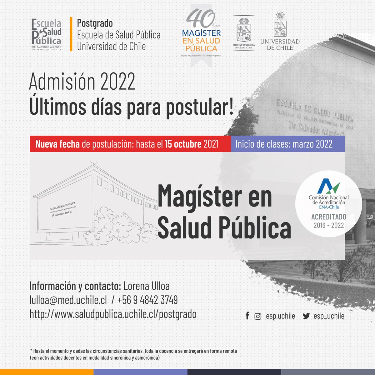 El Programa de Magíster en Salud Pública mantendrá su proceso de postulación abierto hasta el viernes 15 de octubre.