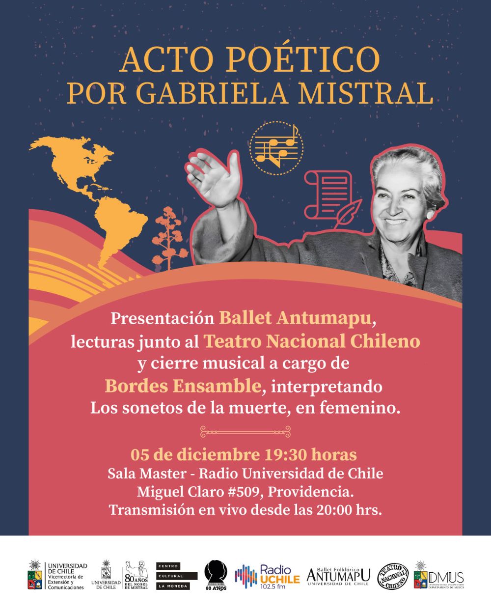 U. de Chile realizará acto poético en homenaje a Gabriela Mistral con presentaciones de danza, teatro y música