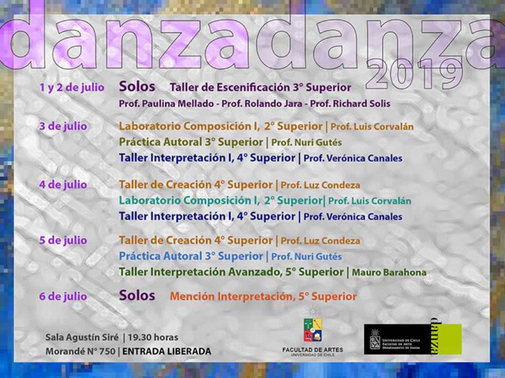 La muestra, abierta a todo público, se realizará entre el 1 y 6 de julio a las 19:30 horas, en la Sala Agustín Siré del Departamento de Teatro de la Facultad de Artes de la Universidad de Chile.