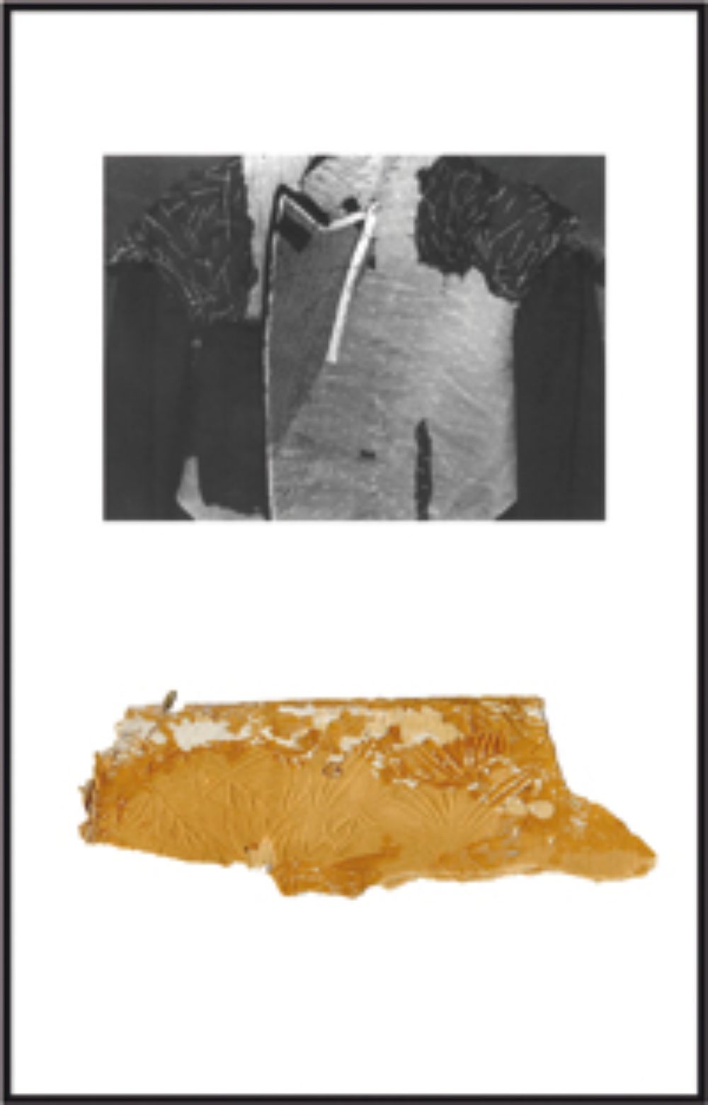 Construcción/Confección 2012. Pablo Núñez, Artista Visual. Impresión fotográfica sobre papel de algodón, retazo de chaqueta de hombre y trozo de papel mural. 45 x 65 cms.