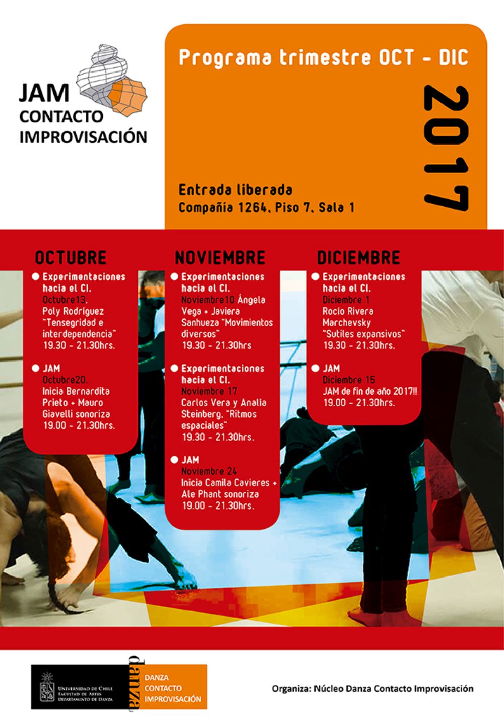 El programa incluye sesiones de JAMs y "Experimentaciones hacia el Contacto Improvisación".