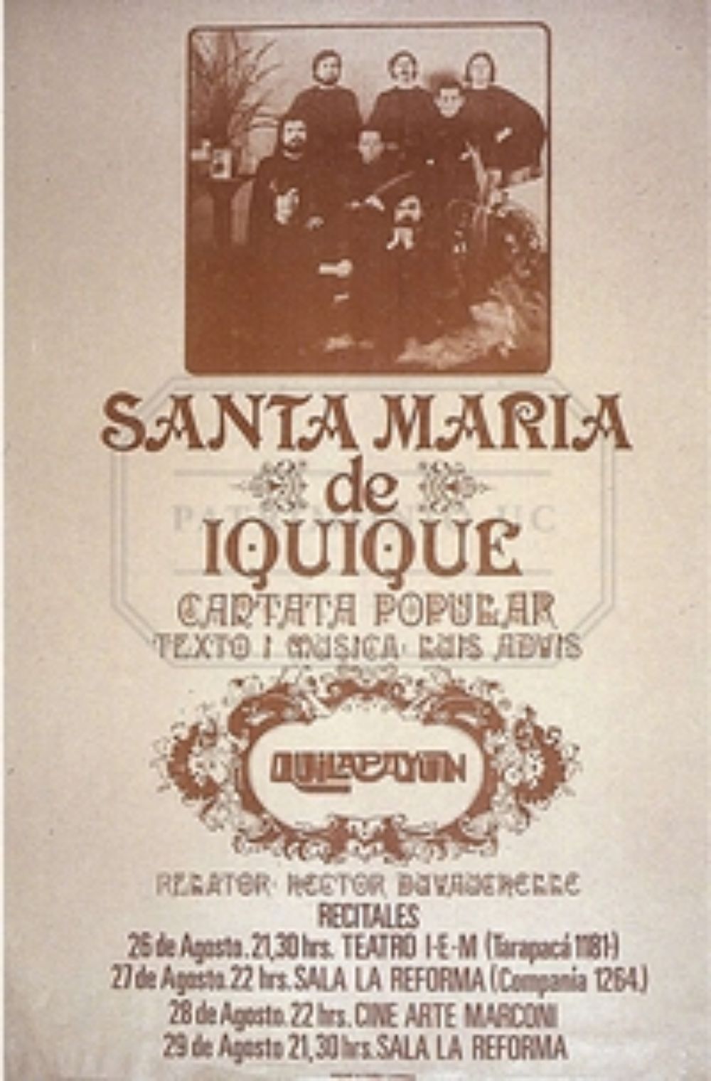Entre el 25 y el 31 de mayo, en las rr.ss. del Depto. de Música, se profundizará en la Cantata Santa María de Iquique y en autor, Luis Advis, a través de diversas voces.