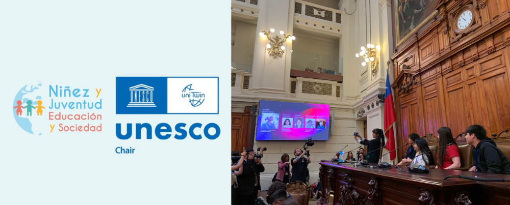 La foto del lado derecho de la imagen corresponde al lanzamiento del Dossier "Chile tiene futuro desde sus territorios: Desafíos del Futuro de la Niñez. Documento de trabajo", presentado el 05 de noviembre en la Sala de Sesiones del Senado en el ex Congreso Nacional.