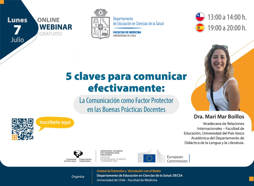 Afiche de invitación al Webinar: "5 Claves para comunicar efectivamente", dictado por la Dra. María del Mar Boillos. 