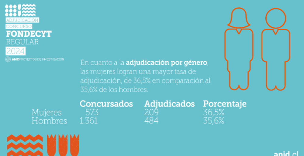 La Imagen ANID 1 muestra que este 2024 las académicas de todo el país lograron una mayor tasa de adjudicación, de un 36,5% -ganaron 209 proyectos de 573 presentados.