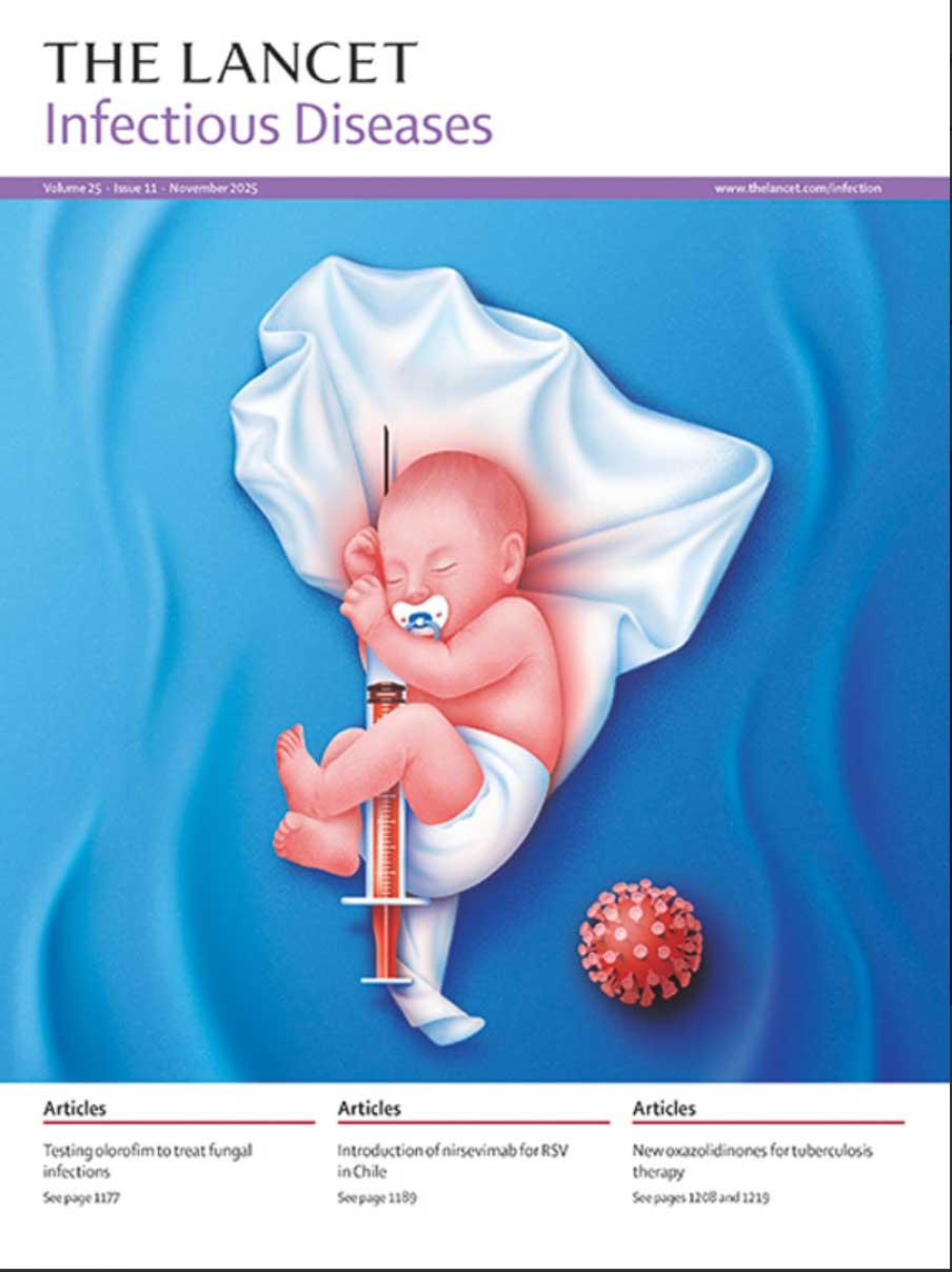 La portada de la prestigiosa revista científica The Lancet Infectious Diseases, la cual releva el artículo “Efectividad e impacto de nirsevimab en Chile durante la primera temporada de una estrategia nacional de inmunización contra el VRS: un estudio observacional retrospectivo"