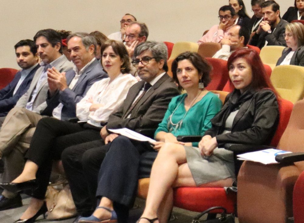 Dr. Leandro Carreño, director de Investigación de la Facultad de Medicina; dr. Miguel O'Ryan, decano del plantel; Ana Capilla, directora de Educación Superior y Ciencia de la OEI; profesor Enrique Aliste, vicerrector de Investigación de la U. de Chile; Aysén Etcheverry, ministra de Ciencia y Tecnología, y Margarita Aravena, directora de la OEI.