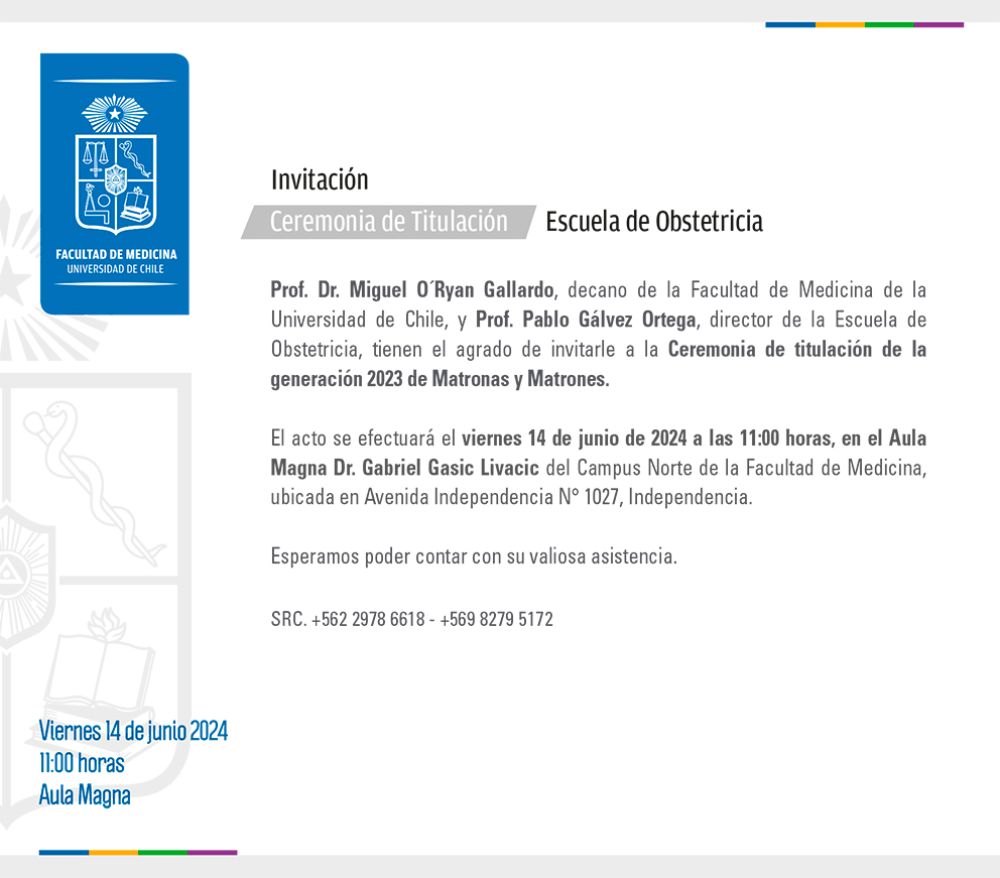 Invitación Ceremonia de titulación de la generación 2023 de Matronas y Matrones