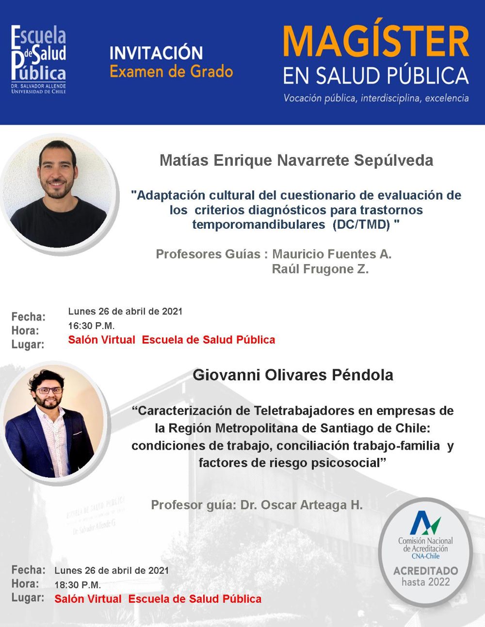 Examen de grado alumno Matías Navarrete Sepúlveda, Programa de Magíster en Salud Pública