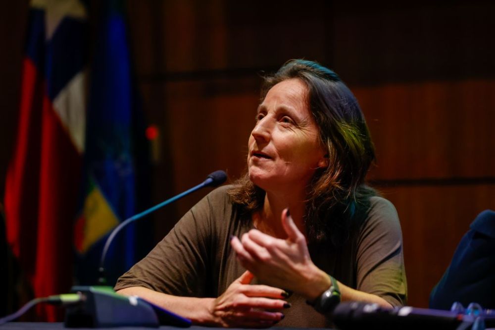 Medio plano corto de la profesora Rubilar, hablando al micrófono