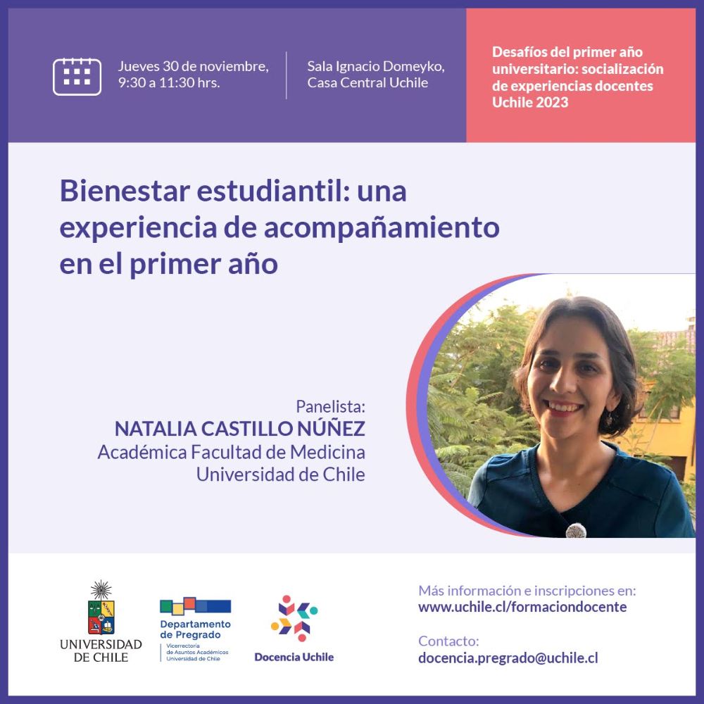 Banner de la actividad Panel “Desafíos del primer año universitario: socialización de experiencias docentes Uchile 2023”, donde aparece la foto de la profesora de la Facultad de Medicina, Natalia Castillo, con el título de su ponencia.