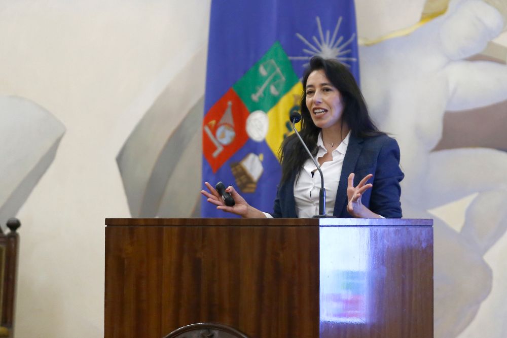 Coordinadora de Servicios de la Dirección de Servicios de Información y Bibliotecas (SISIB), María Isabel Villanueva, durante su exposición de los recursos disponibles para las y los estudiantes.