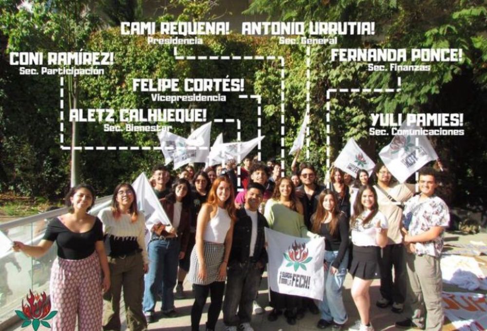 "Surgir la FECh" está compuesta por Camila Requena (Presidencia); Felipe Cortés (vicepresidente); Antonio Urrutia (Secretaria general); Constanza Ramirez (Participación); Alexander Calhueque (Bienestar); Yuli Pamies (Comunicaciones); Fernanda Ponce (Finanzas).