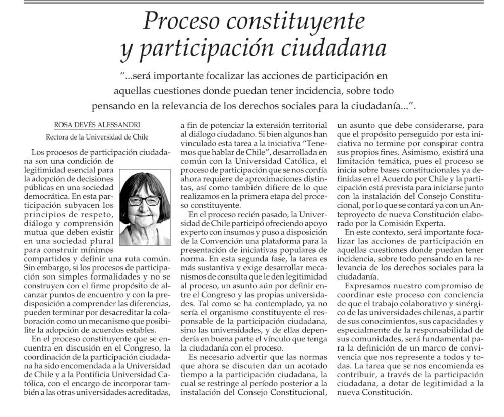 La columna fue publicada en la edición de este lunes del diario El Mercurio.