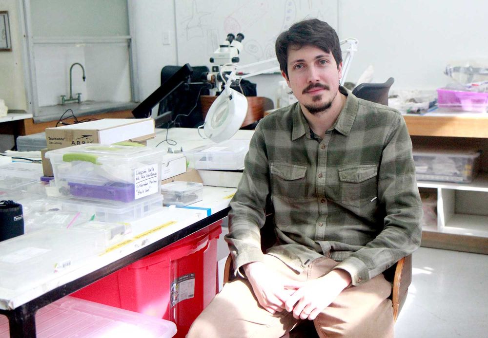 Hans, sentado en su laboratorio