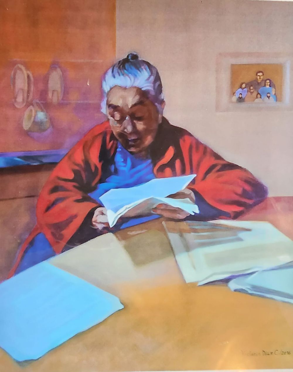 La pintura es una postal del tiempo en que escribió esta autobiografía a mano, en una serie de relatos que luego fueron mecanografiados por diferentes colaboradores de la activista.