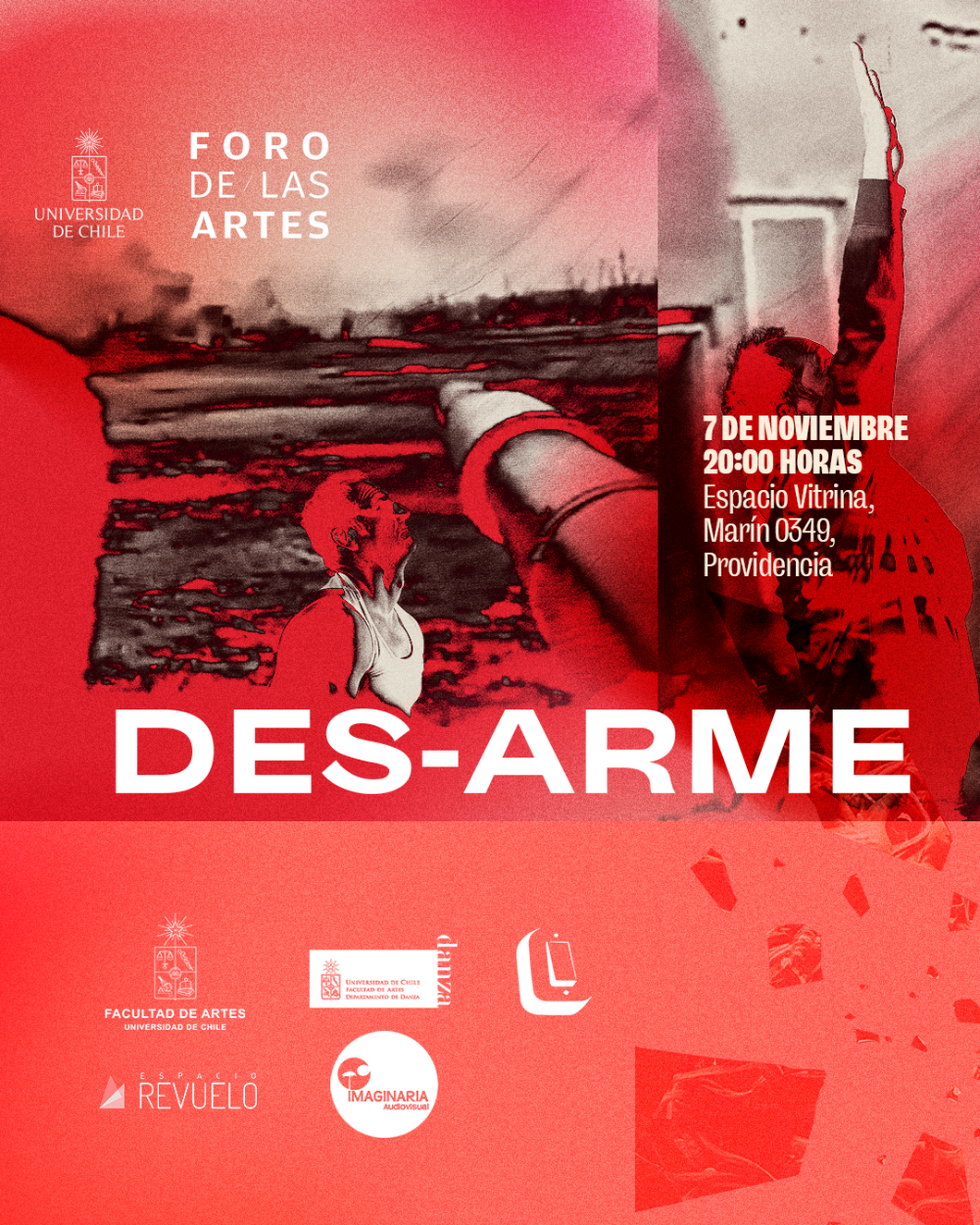 El 7 de noviembre a las 20 horas en Espacio Vitrina, se mostrará al público la performance “DES-ARME”, del Departamento de Danza de la Universidad de Chile.