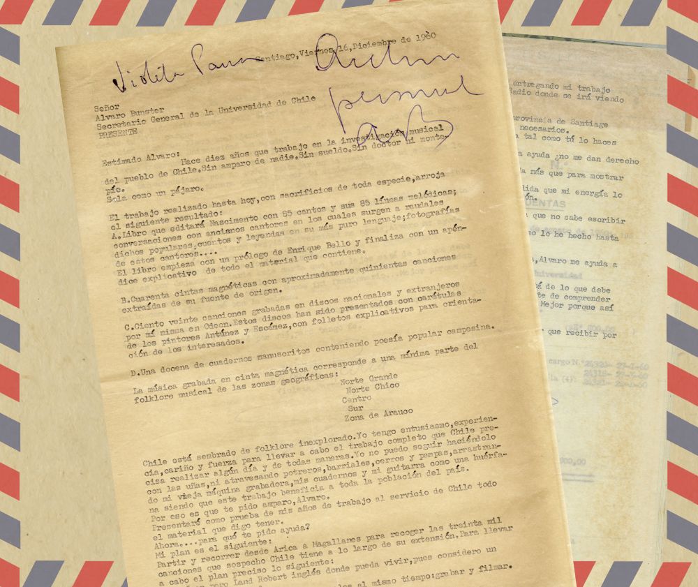 Mecanuscrito de Violeta Parra dirigido a Álvaro Bunster.