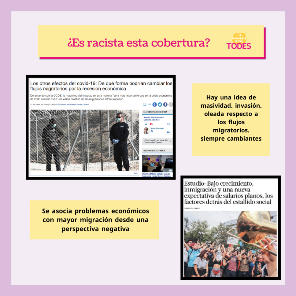 Serie de láminas sobre racismo mediático, donde se ven titulares y coberturas discriminatorias en la prensa local.