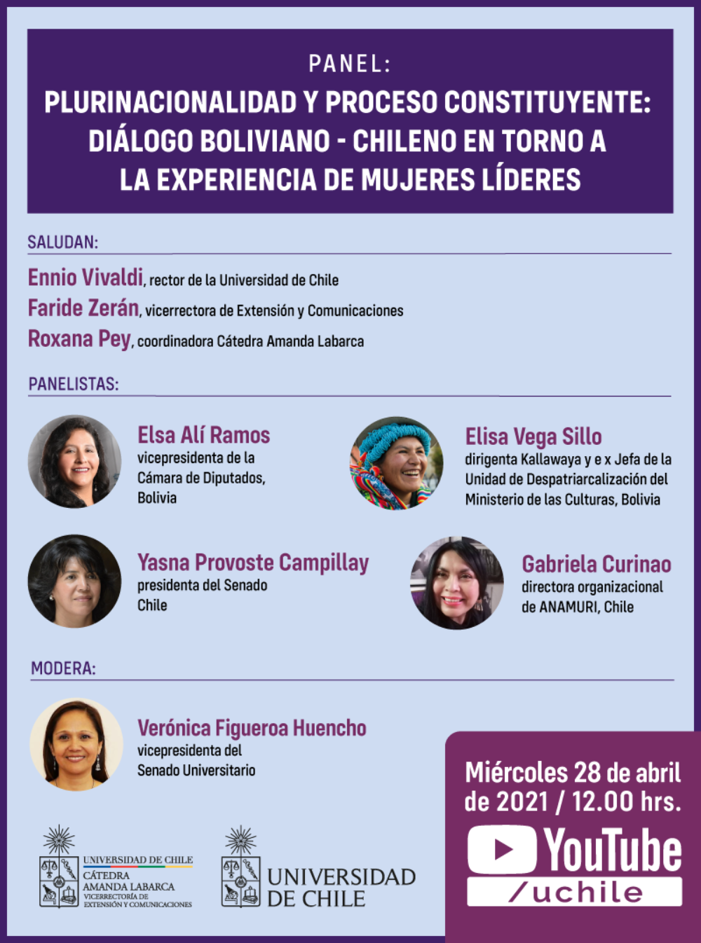 Afiche del panel internacional Plurinacionalidad y proceso constituyente: diálogo boliviano - chileno en torno a la experiencia de mujeres líderes.