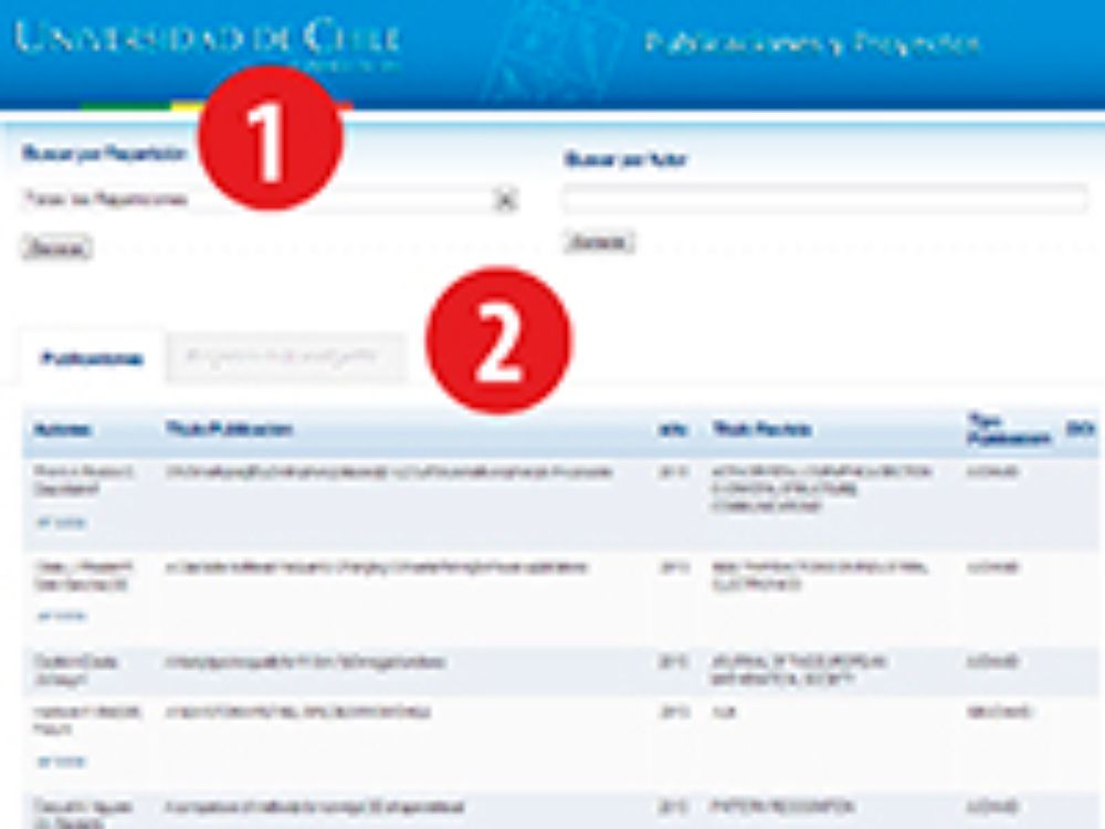 1) Permite buscar publicaciones y proyectos de distintas reparticiones de la Universidad. 2) Disponibles pestañas "Publicaciones" y "Proyectos de Investigación".