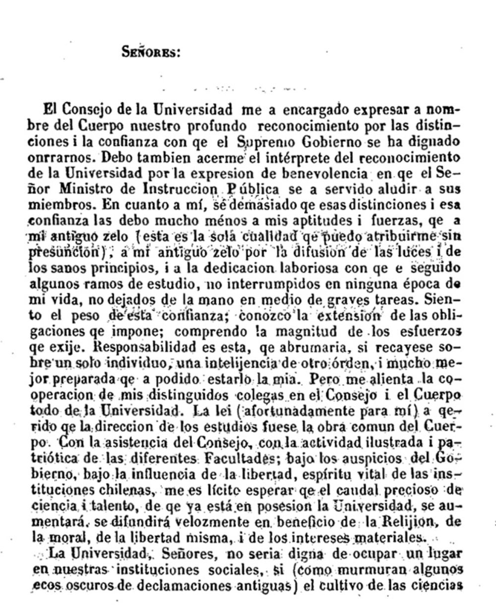 El discurso fue publicado en el primer número de la revista Anales de la Universidad de Chile.