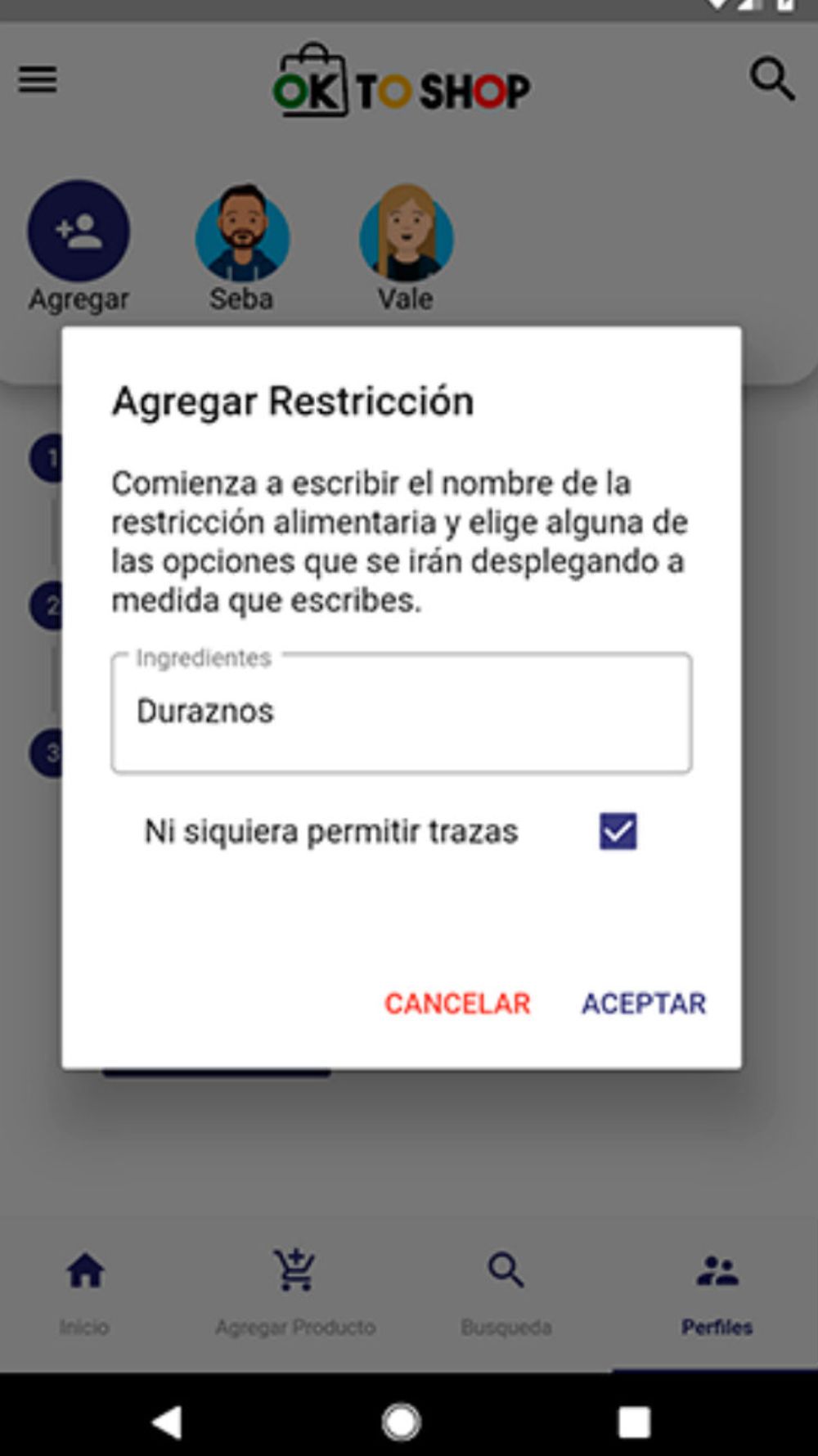 La aplicación permite seleccionar cualquier ingrediente como posible alerta. 