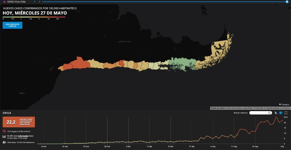 Un mapa de diversas estadísticas relacionadas con la pandemia en las distintas regiones y comunas de Chile es visorcovid19.cl
