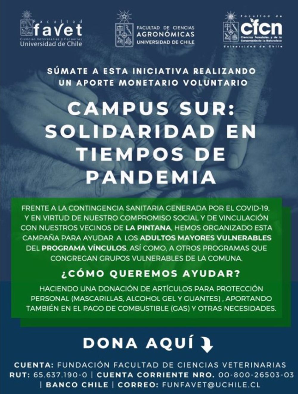 Ante el actual contexto de pandemia, la comunidad de estudiantes, funcionarios y profesores han querido realizar un apoyo a las y los vecinos de La Pintana. 