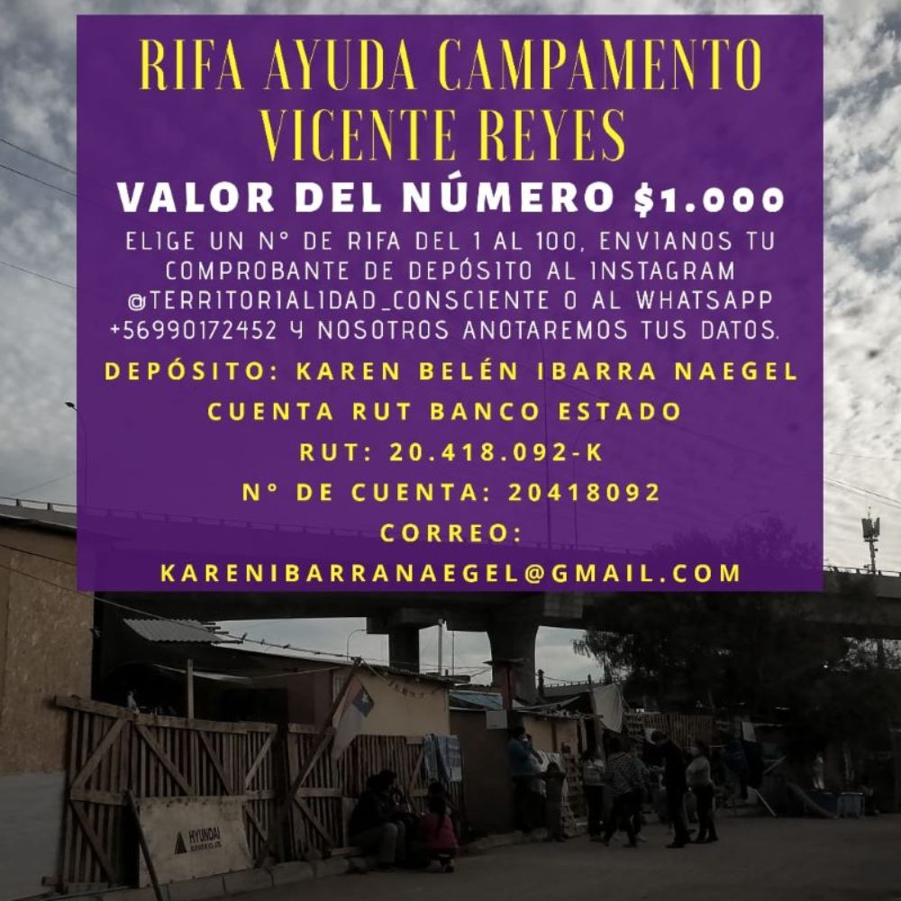 El equipo está organizando una rifa para reunir fondos y así poder abastecer a las familias del campamento Vicente Reyes con mercadería y más implementos de aseo personal.