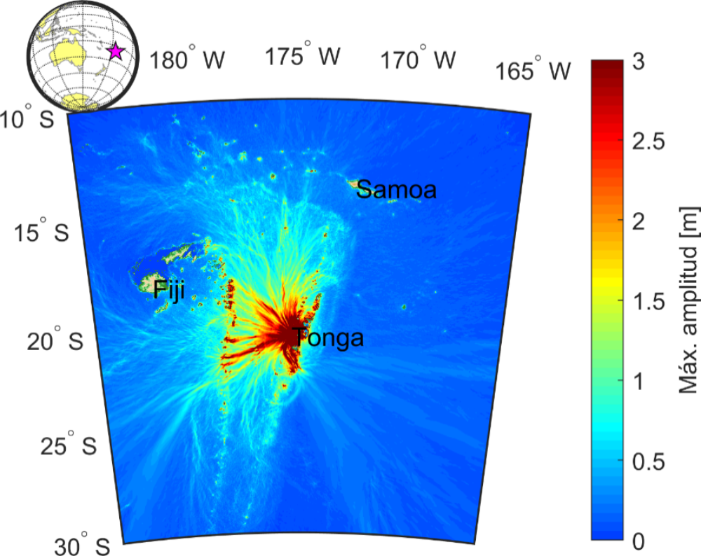 Figura 3: Distribución de amplitudes máximas en las cercanías de la erupción.