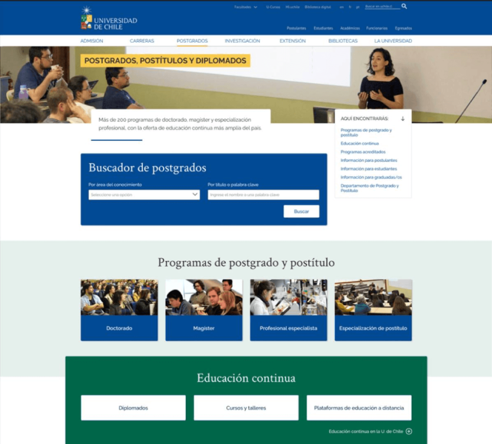 Portada del nuevo sitio web de Postgrados, postítulos y diplomados.