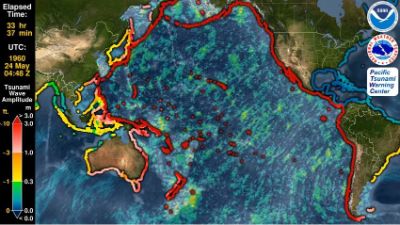 Simulación del tsunami de 1960 realizada por el Centro de Alerta de Tsunamis del Pacífico (Ver enlace relacionado)