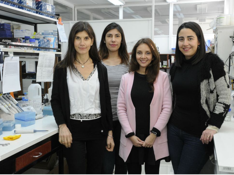 La doctora Marcela Hermoso junto a la estudiante de doctorado Glauben Landskron; la doctora Karen Dubois y la estudiante de postdoctorado Marjorie de la Fuente
