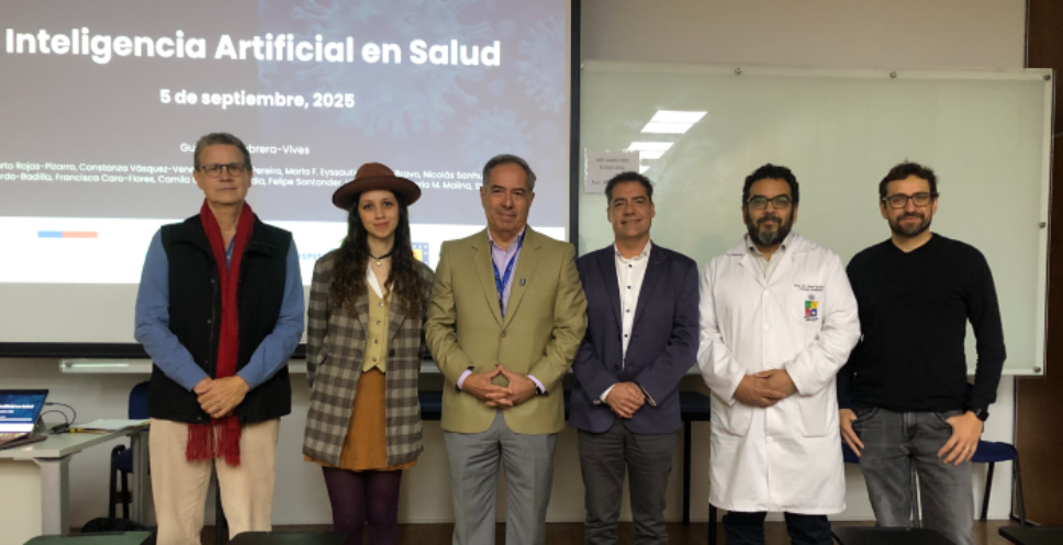Doctor Steffen Härtel, director del proyecto; Bárbara Torres, de la Subdirección de Innovación; doctor Miguel O'Ryan, decano de la Facultad de Medicina; doctor Emilio Herrera, director del ICBM; doctor Paul Délano, director académico del HCUCH, y doctor Guillermo Cabrera, codirector del proyecto