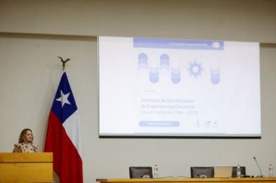 Anita Rojas en la testera, la bandera chilena y la pantalla con el banner de las Jornadas