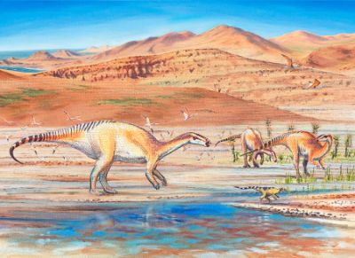 Ilustración del dinosaurio iguanodontiano en su entorno natural en el Cerro La Isla, en el Desierto de Atacama. [Autor: Mauricio Álvarez Abel]