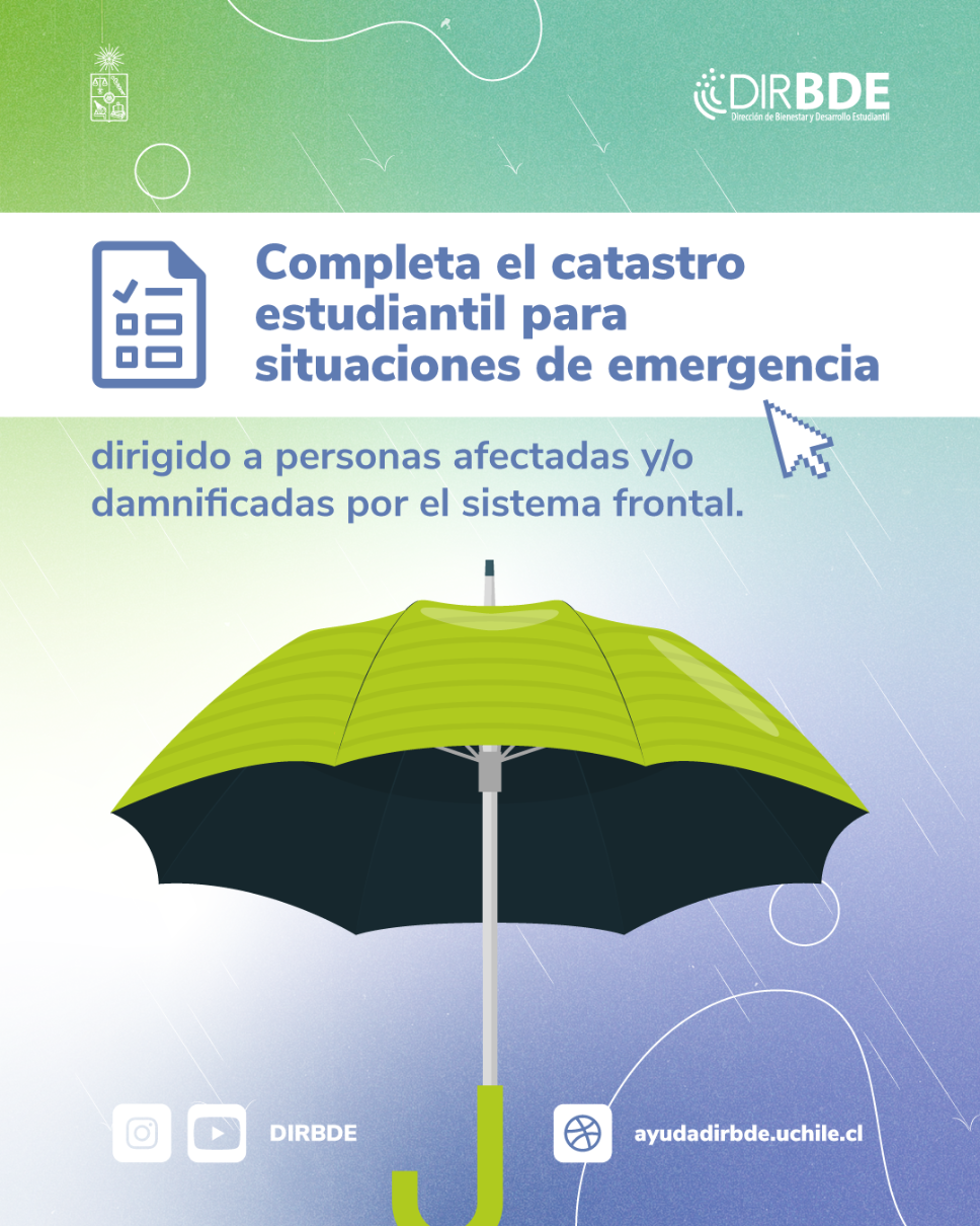 La imagen es una ilustración de un paragua, en ella aparece un texto que invita a completar el catastro estudiantil.